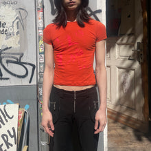 Load image into Gallery viewer, Gaultier orange T-shirt with card prints in pink
