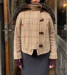 Japanese designer plaid jacket with split hood