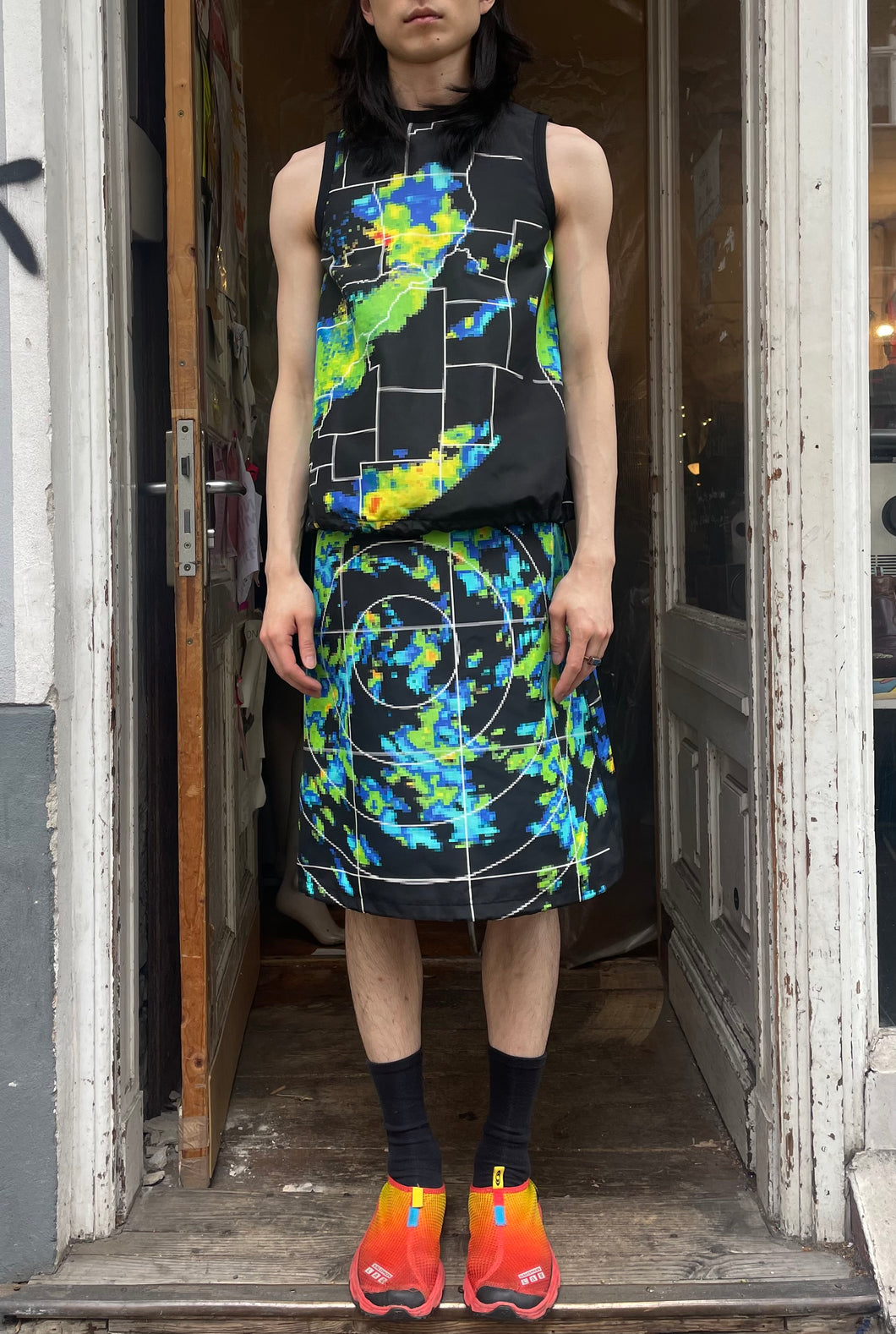 Prada vest and skirt in pixelated patterns